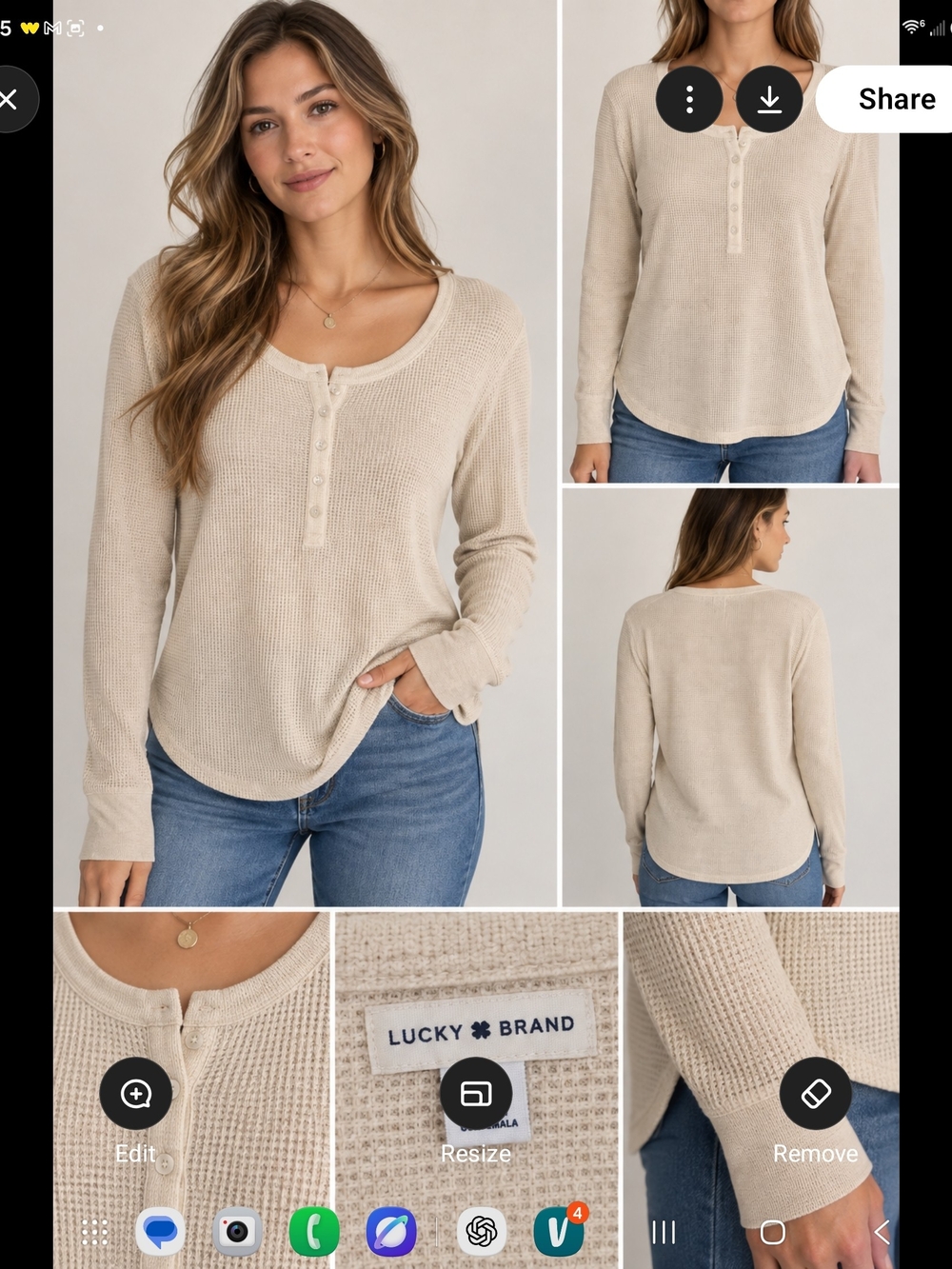 Lucky Brand Beige Long-Sleeve Waffle Henley Top